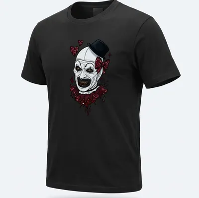 Art The Clown graphic with sparkly hearts in a cartoon style on a — printed on a unisex t-shirt