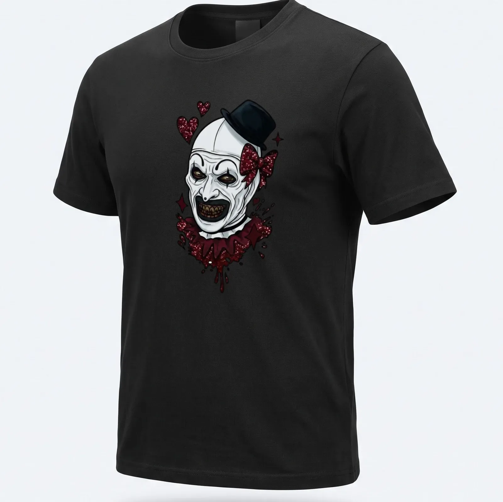 Art The Clown graphic with sparkly hearts in a cartoon style on a — printed on a unisex t-shirt