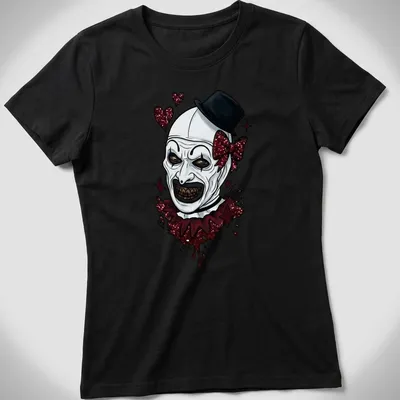 Art The Clown graphic with sparkly hearts in a cartoon style on a — printed on a women's shirt