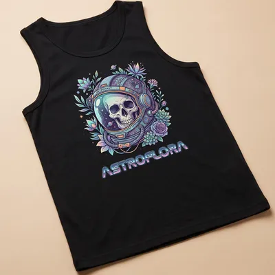 Colorful illustration of an astronaut skull surrounded by botanical elements in pastel colors — printed on a tank top