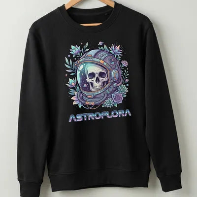 Colorful illustration of an astronaut skull surrounded by botanical elements in pastel colors — printed on a unisex sweatshirt