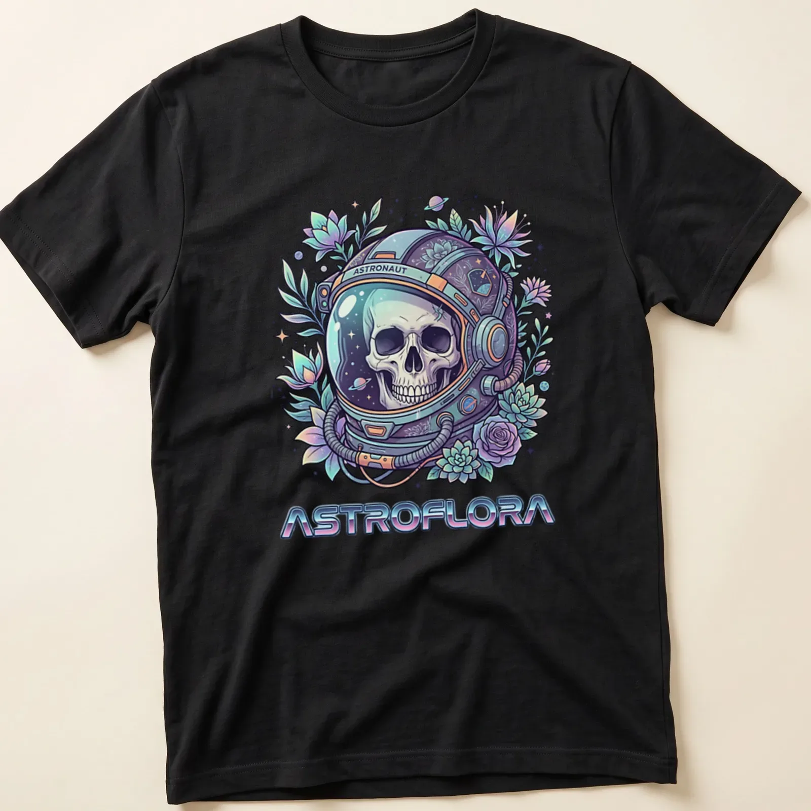 Colorful illustration of an astronaut skull surrounded by botanical elements in pastel colors — printed on a unisex t-shirt