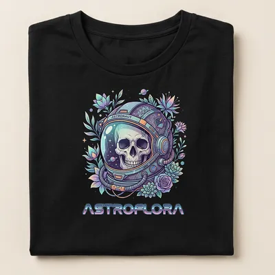 Colorful illustration of an astronaut skull surrounded by botanical elements in pastel colors — printed on a women's shirt