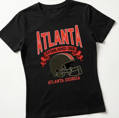 Vintage football helmet graphic with text for Atlanta Established 1966 — printed on a women's shirt