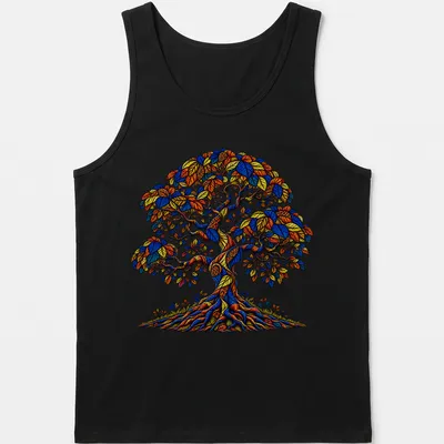 Vintage botanical Tree of Life design in blue and orange hues — printed on a tank top