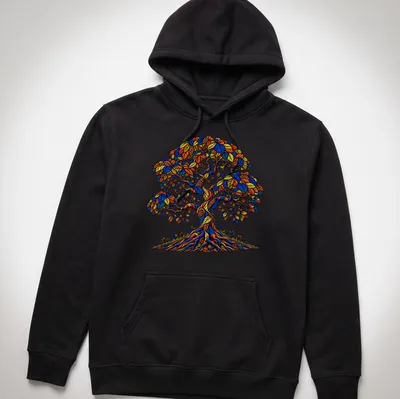 Vintage botanical Tree of Life design in blue and orange hues — printed on a unisex hoodie