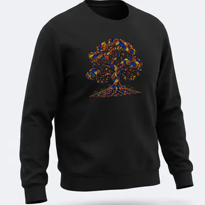 Vintage botanical Tree of Life design in blue and orange hues — printed on a unisex sweatshirt
