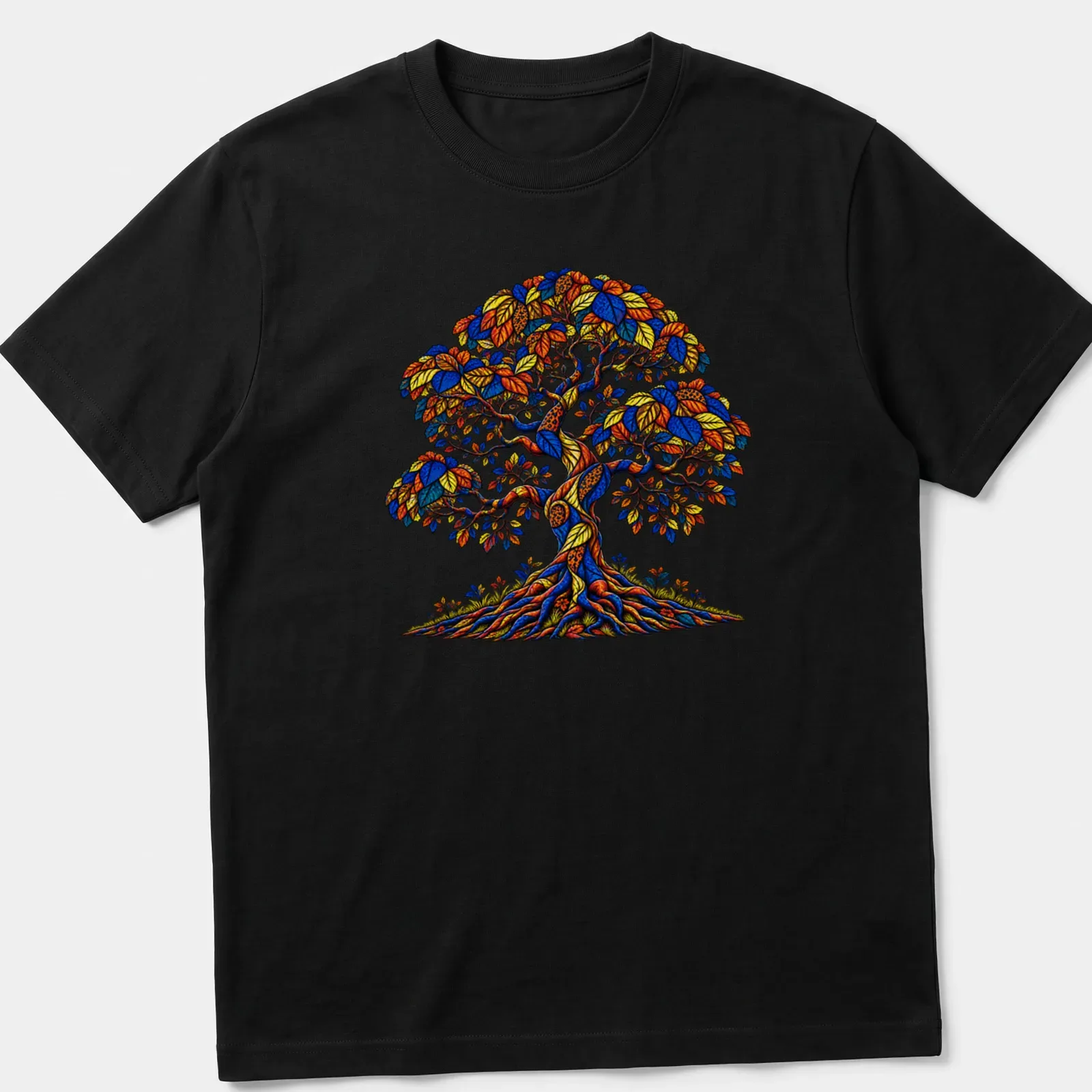 Vintage botanical Tree of Life design in blue and orange hues — printed on a unisex t-shirt