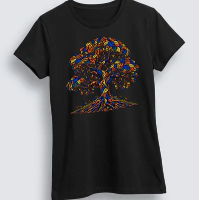Vintage botanical Tree of Life design in blue and orange hues — printed on a women's shirt