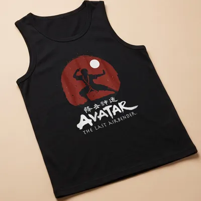 Minimalist Firebender silhouette with Avatar text in red and black — printed on a tank top
