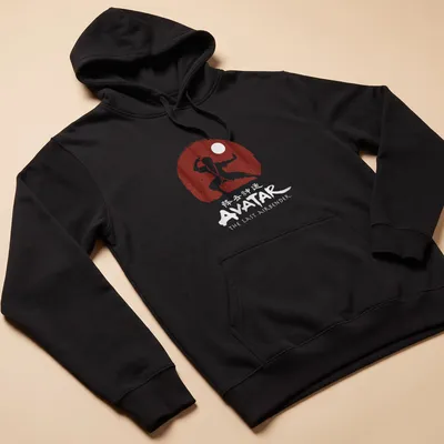 Minimalist Firebender silhouette with Avatar text in red and black — printed on a unisex hoodie