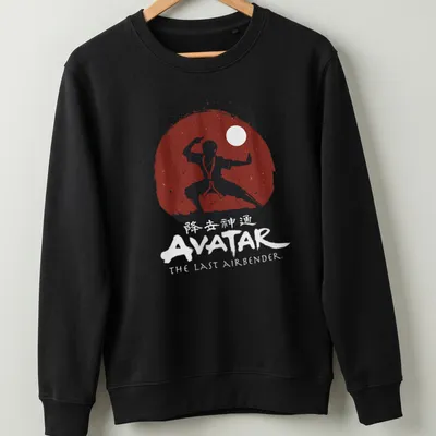 Minimalist Firebender silhouette with Avatar text in red and black — printed on a unisex sweatshirt