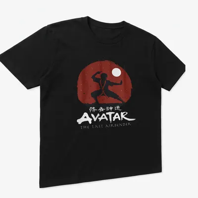 Minimalist Firebender silhouette with Avatar text in red and black — printed on a unisex t-shirt (angled view)