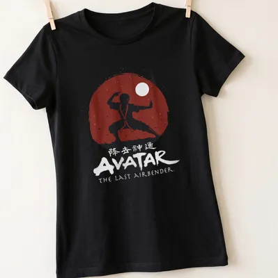 Minimalist Firebender silhouette with Avatar text in red and black — printed on a women's shirt