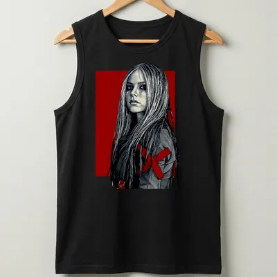 Detailed line art of a female figure with long hair in red, black, and white — printed on a tank top
