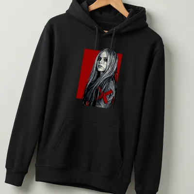 Detailed line art of a female figure with long hair in red, black, and white — printed on a unisex hoodie