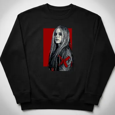 Detailed line art of a female figure with long hair in red, black, and white — printed on a unisex sweatshirt