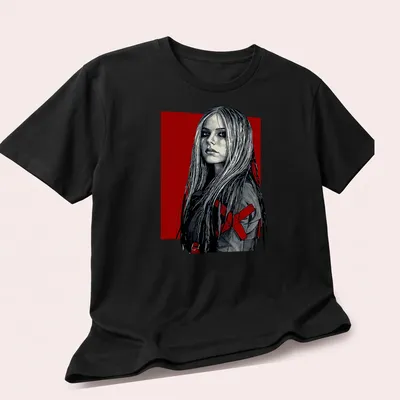 Detailed line art of a female figure with long hair in red, black, and white — printed on a unisex t-shirt (angled view)