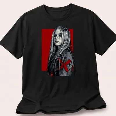 Detailed line art of a female figure with long hair in red, black, and white — printed on a unisex t-shirt