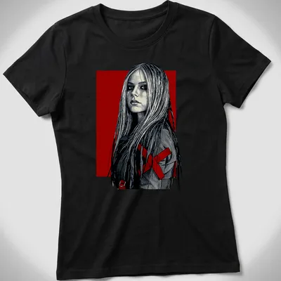 Detailed line art of a female figure with long hair in red, black, and white — printed on a women's shirt