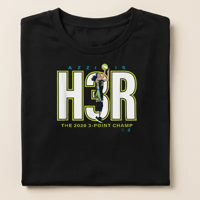 Bold graphic tee celebrating Azzi's championship with vibrant text — printed on a women's shirt