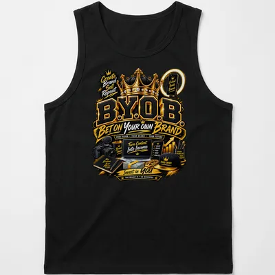 Entrepreneurship-themed t-shirt with bold typography and motivational phrases in black, gold, and white — printed on a tank top