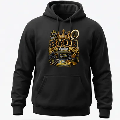 Entrepreneurship-themed t-shirt with bold typography and motivational phrases in black, gold, and white — printed on a unisex hoodie