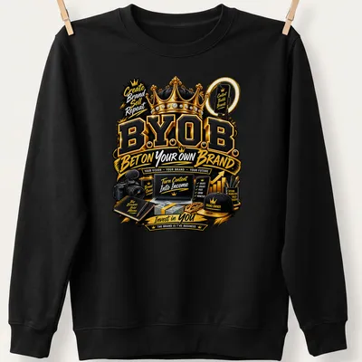 Entrepreneurship-themed t-shirt with bold typography and motivational phrases in black, gold, and white — printed on a unisex sweatshirt