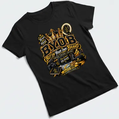 Entrepreneurship-themed t-shirt with bold typography and motivational phrases in black, gold, and white — printed on a women's shirt