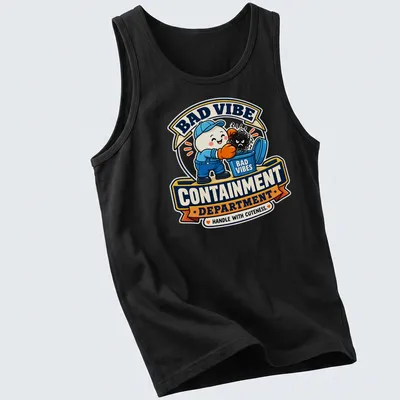 Cartoon character in a trash can with text about bad vibes. — printed on a tank top