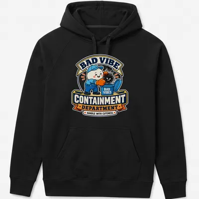 Cartoon character in a trash can with text about bad vibes. — printed on a unisex hoodie