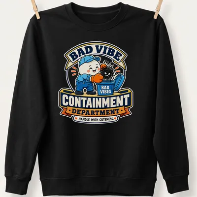 Cartoon character in a trash can with text about bad vibes. — printed on a unisex sweatshirt