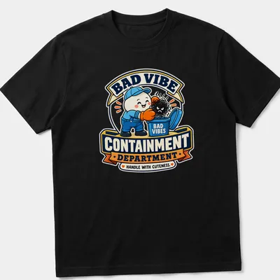 Cartoon character in a trash can with text about bad vibes. — printed on a unisex t-shirt