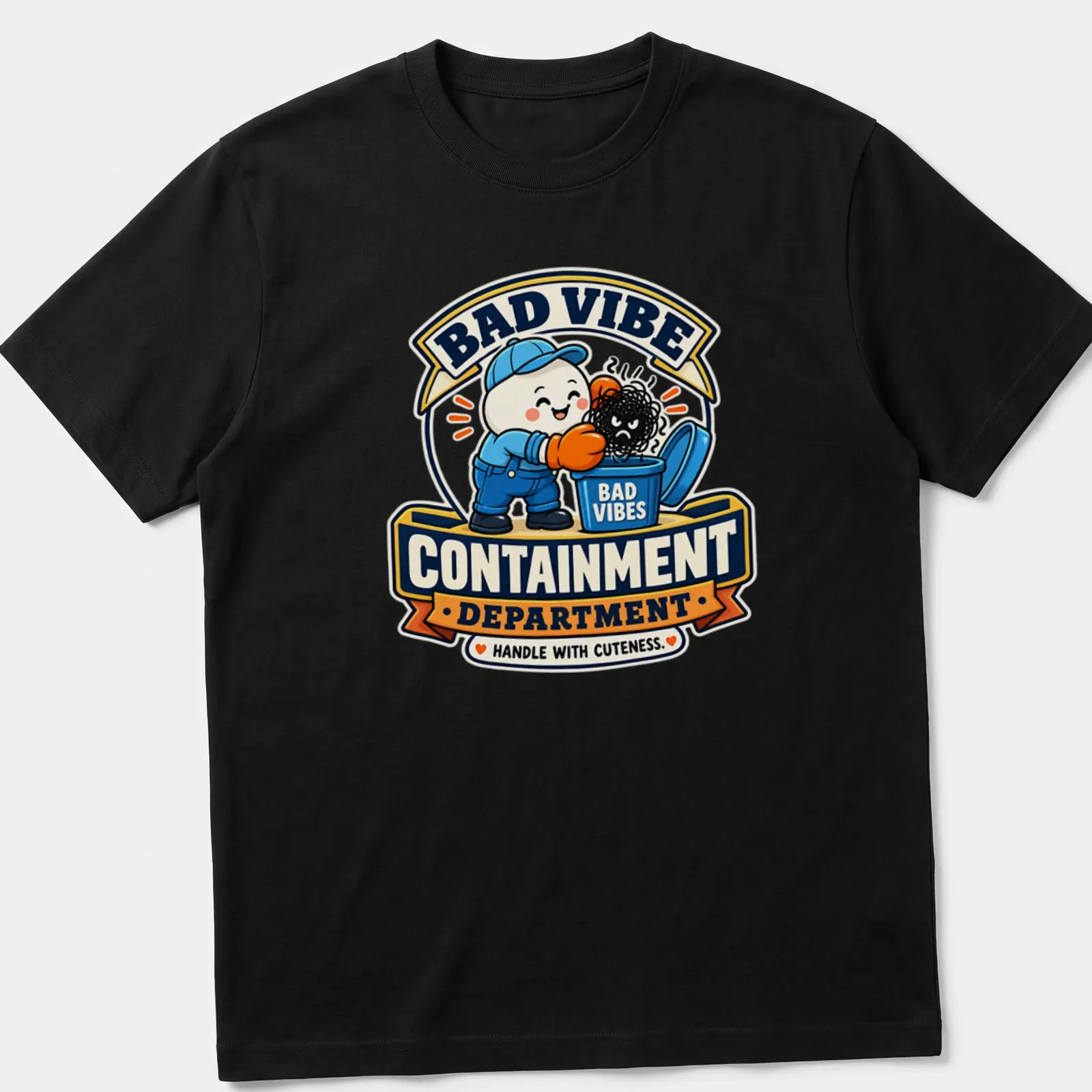 Cartoon character in a trash can with text about bad vibes. — printed on a unisex t-shirt