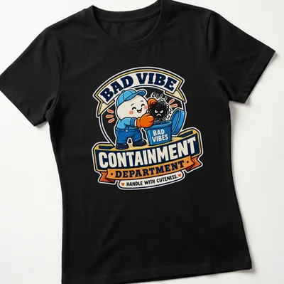 Cartoon character in a trash can with text about bad vibes. — printed on a women's shirt