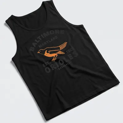 Retro distressed t-shirt featuring Baltimore Orioles baseball text and bird design — printed on a tank top
