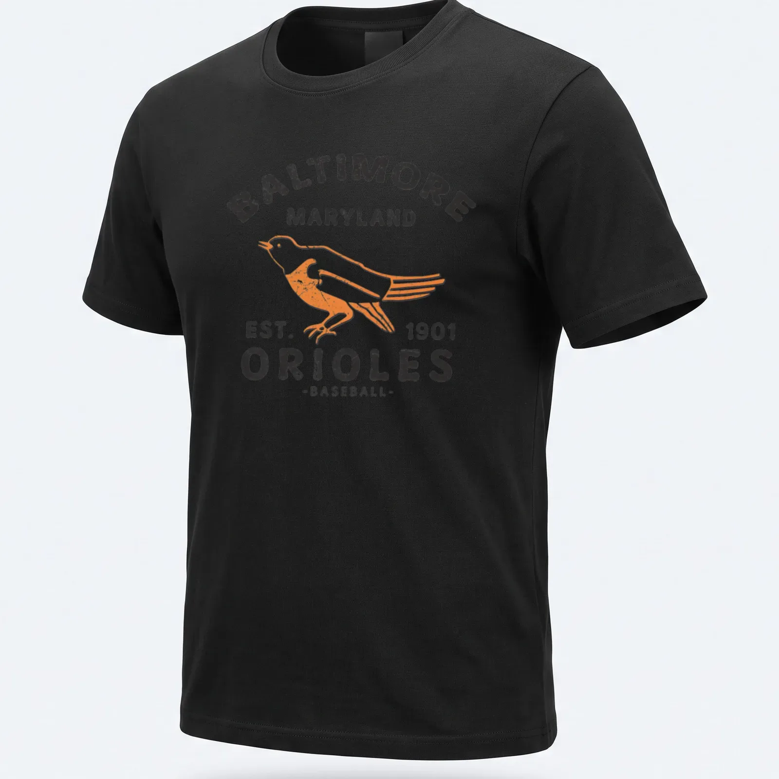 Retro distressed t-shirt featuring Baltimore Orioles baseball text and bird design — printed on a unisex t-shirt