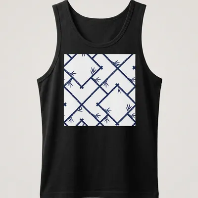Chinoiserie bamboo lattice pattern in white and navy blue — printed on a tank top