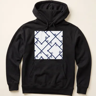 Chinoiserie bamboo lattice pattern in white and navy blue — printed on a unisex hoodie