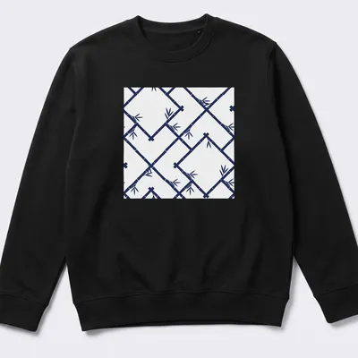 Chinoiserie bamboo lattice pattern in white and navy blue — printed on a unisex sweatshirt