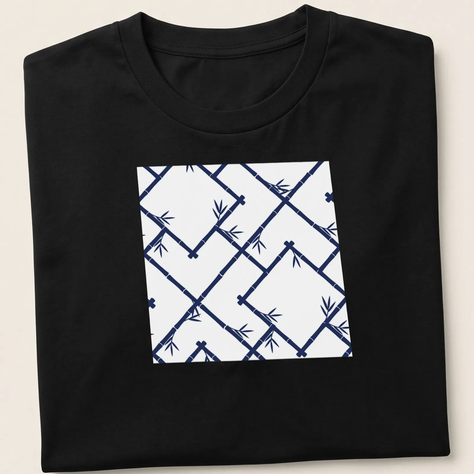 Chinoiserie bamboo lattice pattern in white and navy blue — printed on a unisex t-shirt
