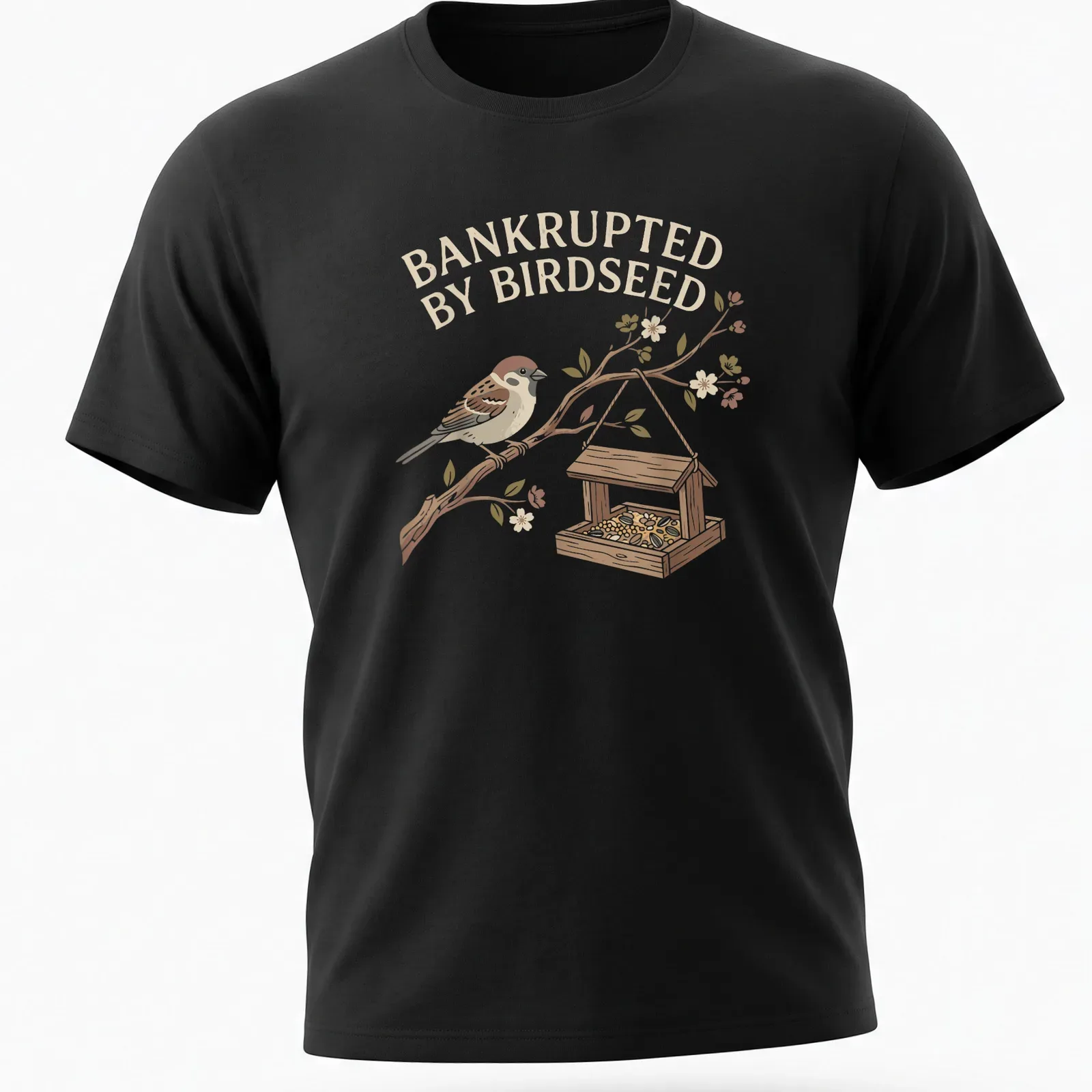 Illustrative t-shirt featuring a sparrow and the phrase 'Bankrupted By Birdseed' in earthy tones. — printed on a unisex t-shirt