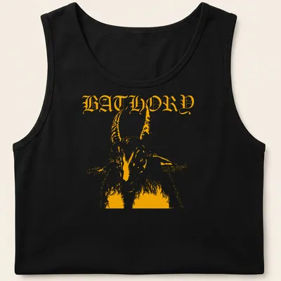 Bold retro design featuring a goat and the word BATHORY in orange and white — printed on a tank top