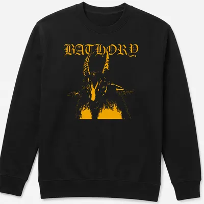 Bold retro design featuring a goat and the word BATHORY in orange and white — printed on a unisex sweatshirt