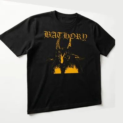 Bold retro design featuring a goat and the word BATHORY in orange and white — printed on a unisex t-shirt (angled view)