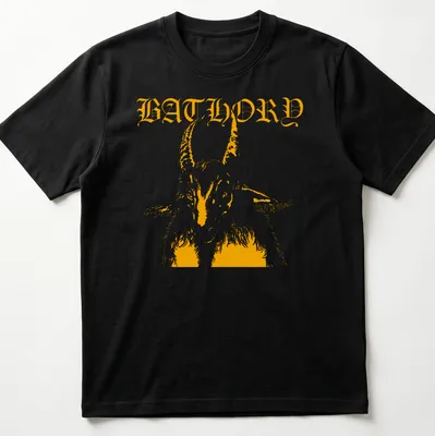 Bold retro design featuring a goat and the word BATHORY in orange and white