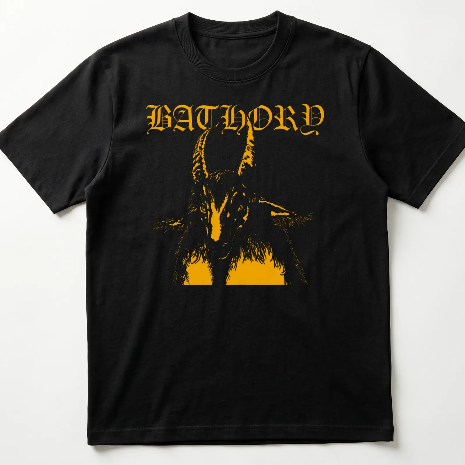 Bold retro design featuring a goat and the word BATHORY in orange and white — printed on a unisex t-shirt