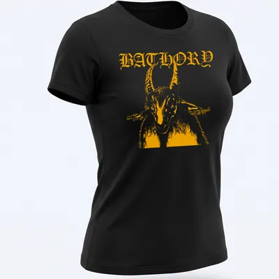 Bold retro design featuring a goat and the word BATHORY in orange and white — printed on a women's shirt