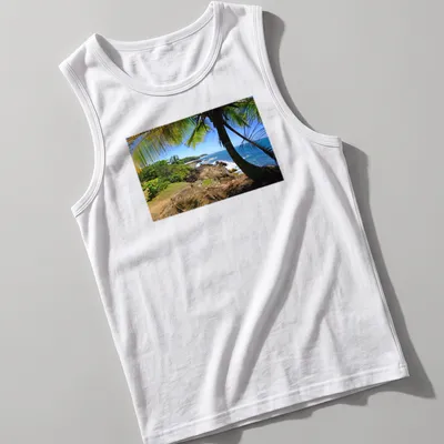 Vivid tropical landscape featuring a beach in Dorado, Puerto Rico — printed on a tank top