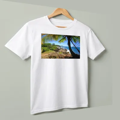 Vivid tropical landscape featuring a beach in Dorado, Puerto Rico — printed on a unisex t-shirt (angled view)
